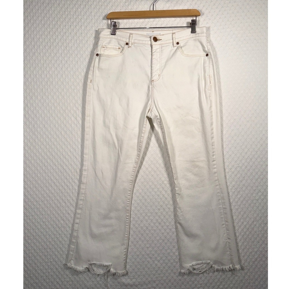 LOFT Womens Fits 32x27 White‎ High Rise Kick Flare Jeans Raw Hem Distressed